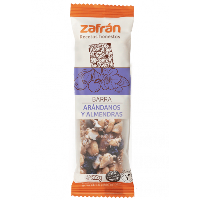 Barra de Arándanos y Almendras Veganas Sin TACC Zafrán 22 gr.